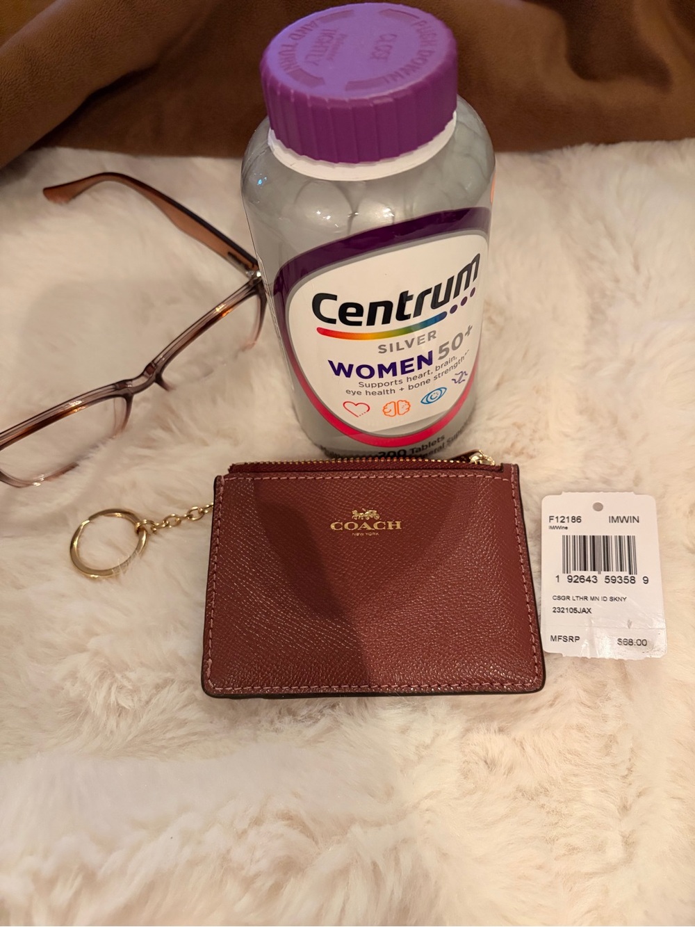 Coach Brown/Wine Saffiano Leather Zip Card Case Key Ring